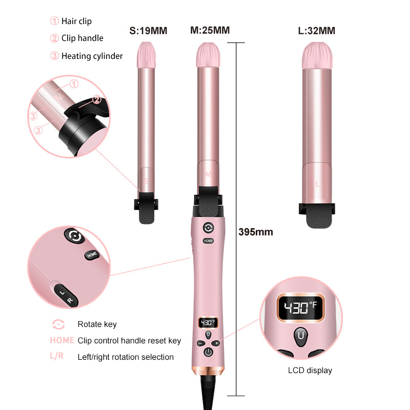 Otomatik Curling Demir, 1 Curling Wand Set'de 3, Anil Heat Up Saç Curler'de 3 Interchangeable Tourmaline Ceramic Barrels (3/4, 1", 1.25"), LCD Heat Display for Beach Waves