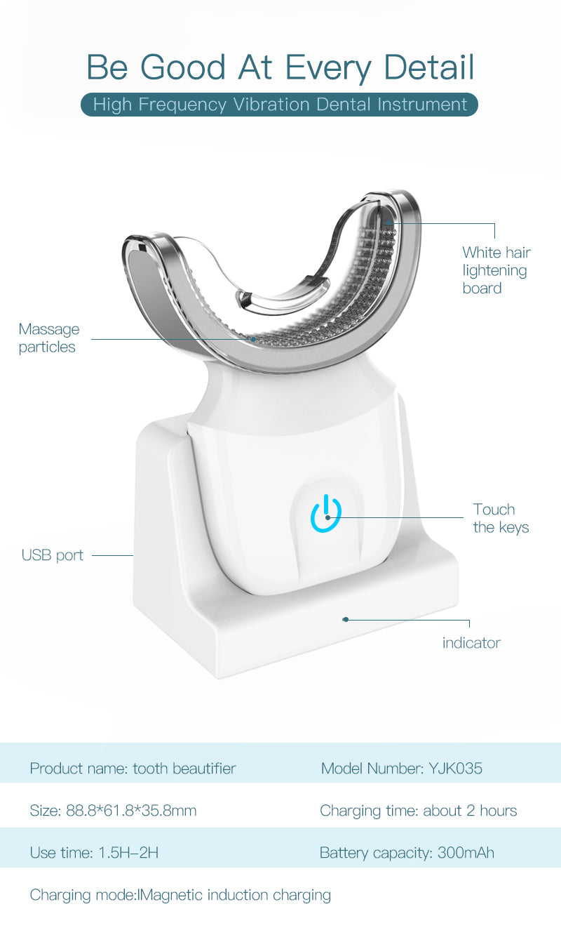Dispositivo de branqueamento de dentes Escova de onda de 360 graus USB recarregável ultra-sônico U Forma inteligente automática Sonic escova de dentes elétrica