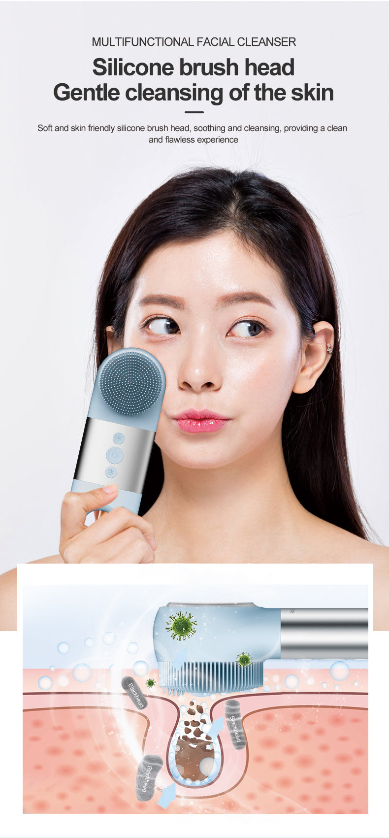 Newest product Waterproof Sonic Vibrating Face Brush Gentle Exfoliating and Massaging for Deep Cleansing Facial Brush