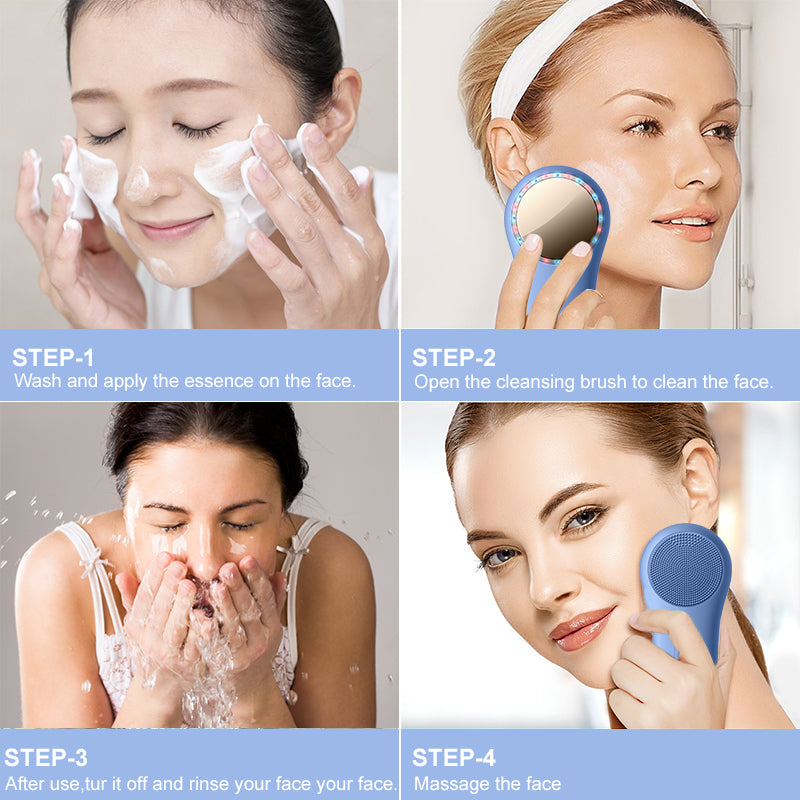 F518 LED Lighting hot Cold Facial Cleansing Brush Wholesale Silicone Face Scrubber Waterproof Silicone Cleaner brush